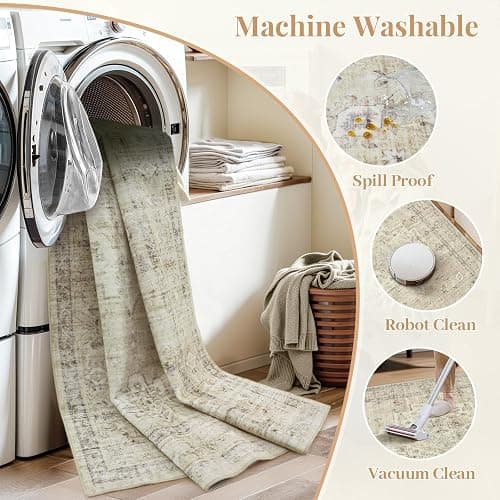 LIVEBOX Bedroom 4x6 Washable Area Rug for Entryway Kitchen, Non-Slip Soft Boho Rugs for Dining Room Office, Farmhouse Low-Pile Neutral Soft Carpet for Nursery Room Playroom, Tan thumbnail 7