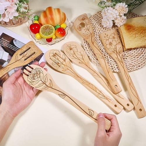 GLOBLELAND 6Pcs Floral Bamboo Cooking Utensils Wooden Engraved Cooking Spoons Set Carving Kitchen Bamboo Spatula Set for Women and Men Wood Cooking Spoon for Kitchen House Warming Gift thumbnail 2