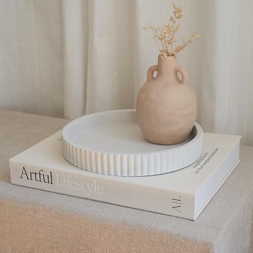 Decorative Concrete Tray & Book Decor Set - Scalloped Tray & Linen Box Enhance Your Coffee Table or Bookshelf Decor - Stylish Home Decoration for Your Living or Dining Room & as a Housewarming Gift - Image 1