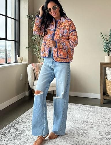 Omoone Women's Cropped Quilted Jacket Floral Printed LightWeight Padded Puffer Cardigan Coat Outwear thumbnail 2