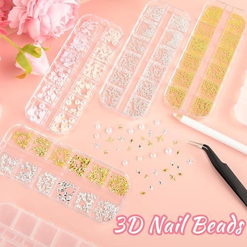 NEBURORA Gold and Silver Caviar Nail Art Beads Pearls Metal Nail Art Set | Flat-Back Pearls (White + Beige) , Multi-Shape Metal Nail Art Gemstone Set, with Tweezers and Pickup Pen, Mixed Sizes 0.6-2mm thumbnail 2