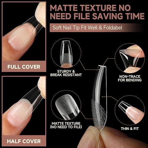 UNA GELLA Coffin Nails Tips, 216 PCS Soft Gel Nail Tips Coffin Half Matte Full Cover False Nails Pre-shaped Clear Acrylic Press on Nails Medium for Nail Extensions Home DIY Salon, 12 Sizes thumbnail 4