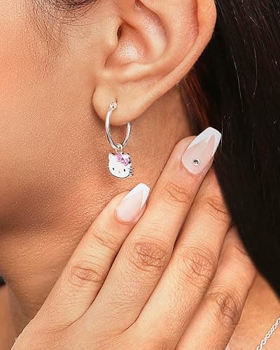 Hello Kitty Womens Hoop Earrings - Sterling Silver and Enamel Hello Kitty | Earrings Official License thumbnail 2