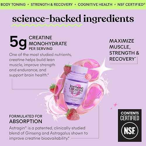 Lemme Creatine Monohydrate Gummies for Women and Men, 5g Dose to Support Lean Muscle, Strength, Recovery, Cognitive Health, w/Ginseng for Absorption, Sour Strawberry, NSF Certified, 60 Gummies thumbnail 3