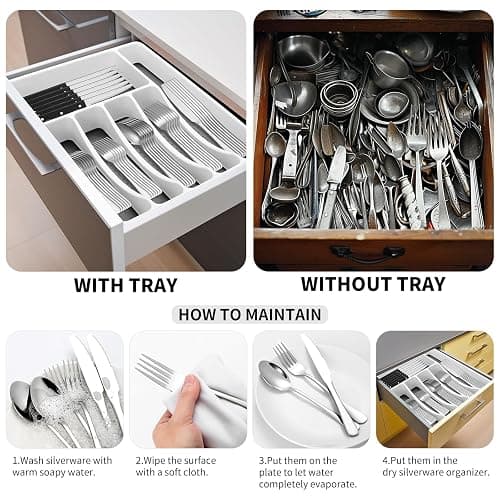 Silverware Set with Organizer, 53PCS Stainless Steel Flatware Set for 8 Steak Knives, Include Spoons and Forks Set & Serving Utensils, Mirror Polished Cutlery Set, Dishwasher Safe, Silver thumbnail 3