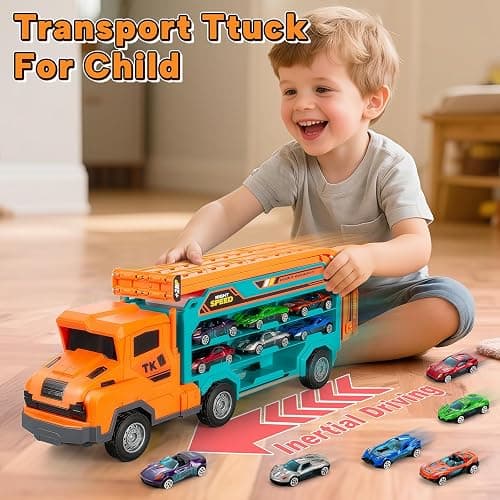 BainGesk Carrier Truck Toys for 2 3 4 5 6 Years Old Boys, 2.8 Ft Race Track Transport Cars with 6 Die-Cast Metal Toy Cars, Birthday Gifts Kids Age 3-5, Racing Toys Gifts for Toddlers thumbnail 4