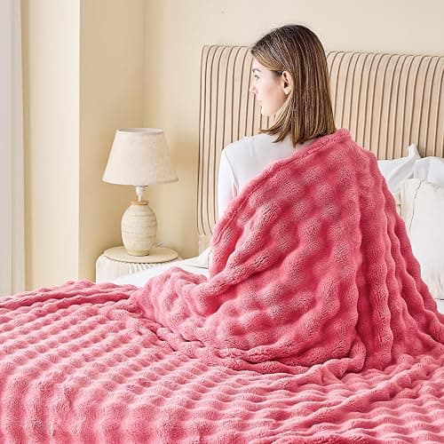 NEWCOSPLAY Throw Blanket for Couch Coral Pink Super Soft Flannel Fleece 3D Bubble Lightweight Bed Blanket All Season Use (Coral Pink, Throw(50"x60")) thumbnail 4