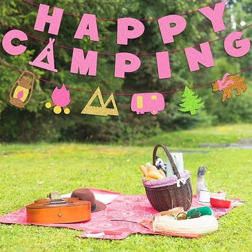 Kristin Paradise Happy Camping Banner, Glamping Party Sign Decorations for Girl, Pink Camper Theme Supplies, Camp Birthday Themed Decor thumbnail 5
