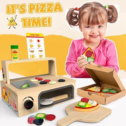 WOODMAM Wooden Pizza Toy - 48 PCS Montessori Pretend Play Food for Ages 3+, Educational Learning Toy Wooden Playset with Bake Oven, Christmas Birthday Gift for 3 4 5 6 Year Old thumbnail 7