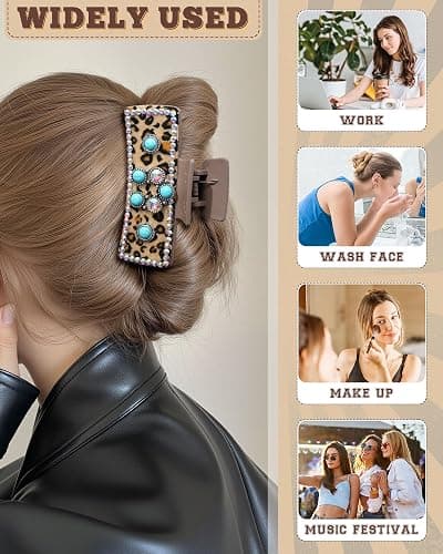 ACECHA Western Hair Claw Clips for Women, Turquoise Stone - Leopard Print Leather Hair Clips, Large Cowgirl Hair Accessories Rodeo Style Fashion Hairclips Gift (Coffee 02) thumbnail 4