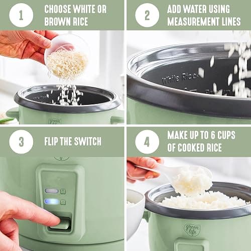 GreenLife Electric Rice Cooker, 3-Cups Uncooked/6-Cups Cooked, Removable PFAS-Free Nonstick Pot, One-Switch Design, Auto Keep Warm, Small Space Saving, Rice Paddle, Soup, Grains, Oatmeal, 1.5 QT, Green thumbnail 10