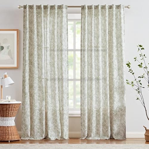 Lazzzy Linen Curtains Farmhouse Green Floral Print Curtains 84 Inches Long Back Tab Drapes for Living Room Bedroom Semi Sheer Patterned Country Vintage Curtains 2 Panels Set Rod Pocket Green on Beige thumbnail 2
