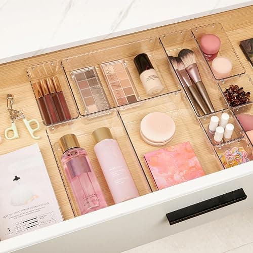 Vtopmart 10 Pcs Makeup Drawer Organizer Bins Set, 4 Size Plastic Makeup and Vanity Organizer Trays, Clear Acrylic Vanity Storage Containers for Cosmetics, Toiletries, Jewelry, Gadgets, Office Supply thumbnail 4