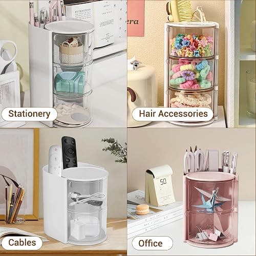 Hair Accessories Organizer with Hair Brush Holder, Rotatable Makeup Brush Holder for Necklaces, Earring, Bracelet, Ring, Makeup Brushes, Hair Clip and Hair Accessories (White, 3-Layer) thumbnail 7
