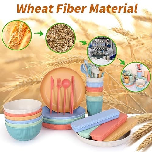 Becutlery Wheat Straw Dinnerware Sets, Unbreakable Dinnerware Set for 6,Reusable Lightweight Tableware Dinner Dishes, Bowls, Cups, tableware, 24pcs Dinnerware Microwave & Dishwasher & Kids Safe thumbnail 3