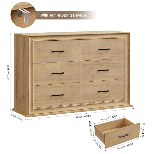 HIFIT Farmhouse 6 Drawer Dressers, 47.2" Wide Chest of 6 Drawers, Oak Double Dressers, Storage Organizer Cabinet for Living Room thumbnail 3
