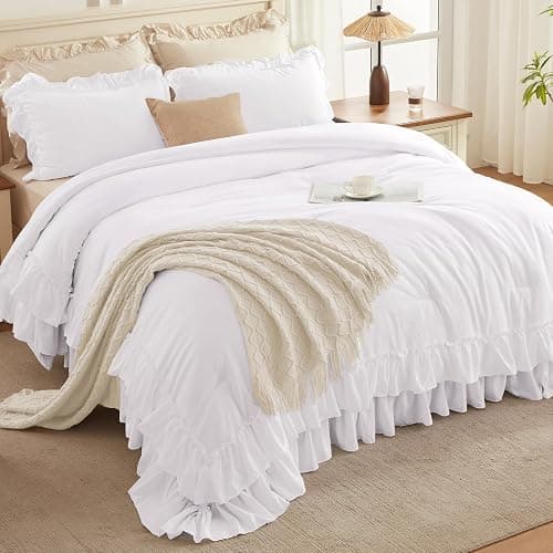 Andency White Comforter Set Queen Size, Lightweight Fluffy Farmhouse White Ruffle Bedding Set, Soft Polyester All Season Shabby Chic Bed Comforter Set 3 Pieces(1 Ruffle Comforter 2 Pillowcases) thumbnail 2