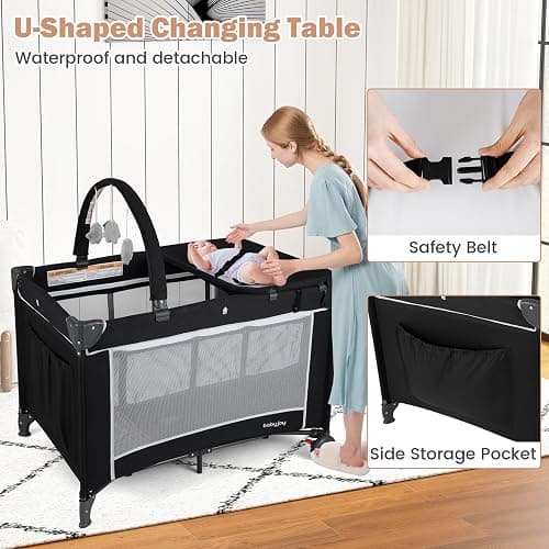 BABY JOY 3 in 1 Pack and Play, Travel Baby Crib Bassinet Bed with Bassinet, Changing Table with Safety Belt, Toy Bar, Lockable Wheels, Portable Baby Playard from Newborn to Toddler thumbnail 6
