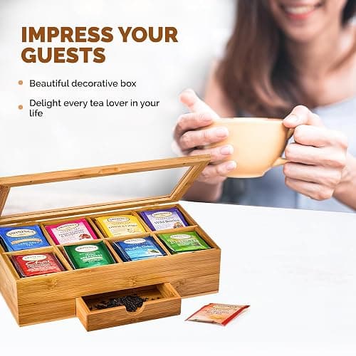 Tea Bag Organizer - Christmas Gift Bamboo Tea Box Organizer Storage Box, Tea Bag Holder with Drawer & Acrylic Window, Magnetic Lid Keeps Tea Bags Fresh - Tea Organizer Caddy (Tea Not Included) thumbnail 7
