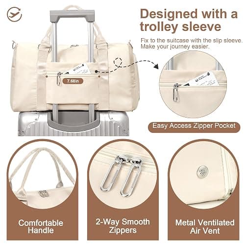 FIORETTO Womens Gym Tote Duffle Bag with Wet Pocket & Shoe Compartment, Sports Duffel Overnight Weekender Hospital Workout Carry on Bag for Girls, Ideal for Travel, Swimming, Dance, Ballet Beige thumbnail 4