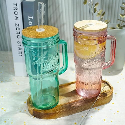 ANOTION Colored Glass Cups with Handle Set of 4, 24oz Glass Cups with Lids and Straws Travel Coffee Mug Bamboo Mason Jar Iced Cup Smoothie Tea Clear Cute Water Drinking Jars Glasses thumbnail 2