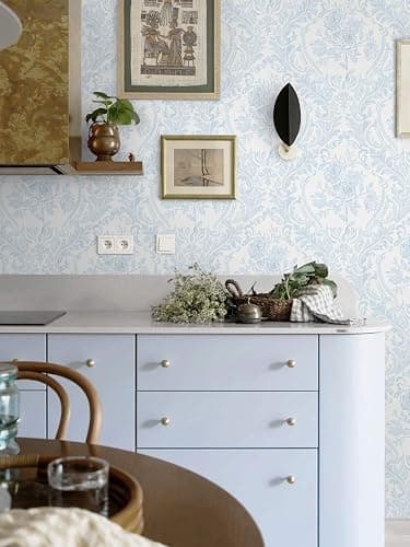 Ismoon Peel and Stick Wallpaper Vintage Floral Contact Paper Boho Watercolor Blue Damask Wallpaper Textured Removable Self Adhesive Vinyl Wall Paper for Bedroom, 17.3 in X 6.5 ft thumbnail 2