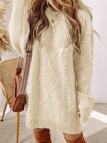 Women's Cable Knit Sweater Dress Long Sleeve Loose Crew Neck Pullover Tunic Mini Sweater Dress Fall Winter Outfits thumbnail 7