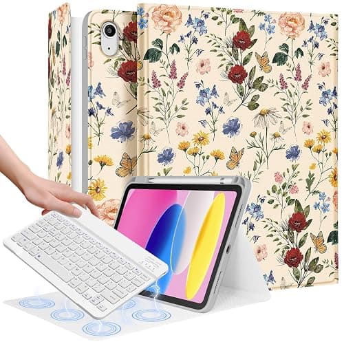 Wazzasoft for iPad 10th Generation Case with Keyboard - for iPad A16 Cases Pencil Holder 10.9 Inch Cover Women Girls Cute Girly Floral Flower Design Funda for Apple Tablet 10th/11th gen - Image 1