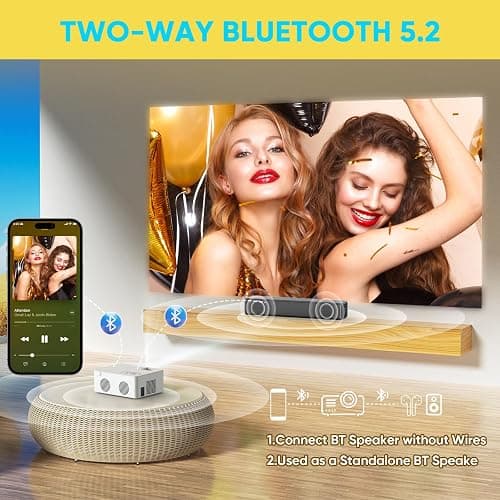 PURSHE Mini Bluetooth Projector, Full HD 1080P Supported Portable Outdoor Movie Projector for iOS, Android, Windows, Compatible with TV Stick/HDMI/Smartphone/PS4/USB [Remote Included] thumbnail 3
