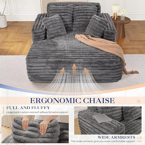 Oversized Chaise Lounge Indoor, Modern Plush Faux Fur Fabric Deep Seat Boneless Memory Foam Sleeper Chaise Lounge Sofa Chair with Pillows for Living Room Bedroom Studio, No Assembly Couch, Grey thumbnail 6