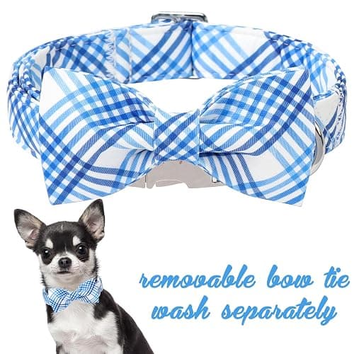 Unique style paws Cotton Dog Collar with Bow Spring Summer Collar with Blue White Grid for Small Medium Large Boys Girls Dogs thumbnail 2