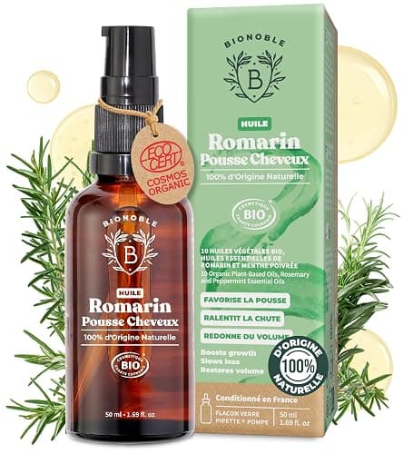 BIONOBLE Huile de Romarin pour Cheveux Bio - Favorise la Pousse et Ralentit la Chute - Huile Romarin Cheveux, Ricin, Argan, Jojoba - Rosemary Oil for Hair Growth - Flacon Verre, Pipette, Pompe - 50ml - Image 1