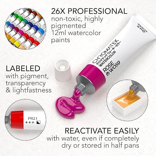 CHROMATEK Watercolor Paint Set - 48 Piece Kit for Adults, Beginners & Professional Artists - 48 x 12ml Liquid Water Color Tubes - Richly Pigmented Vibrant Colors - Art Supplies thumbnail 2