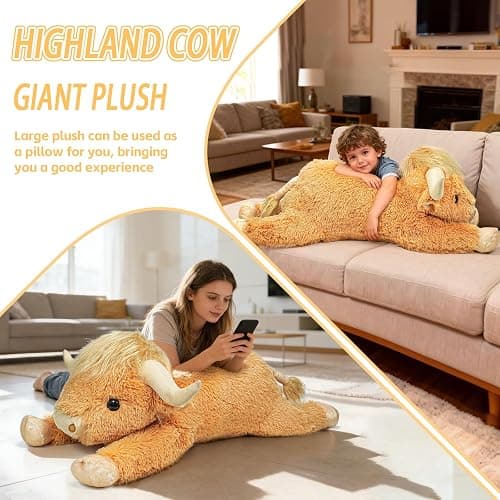 WDXDSOB 38.5 Inch Yellow Giant Highland Cow Plush Stuffed Animal - Large Cow Pillow Gift for Kids and Adults, Couch & Bed Decor thumbnail 4