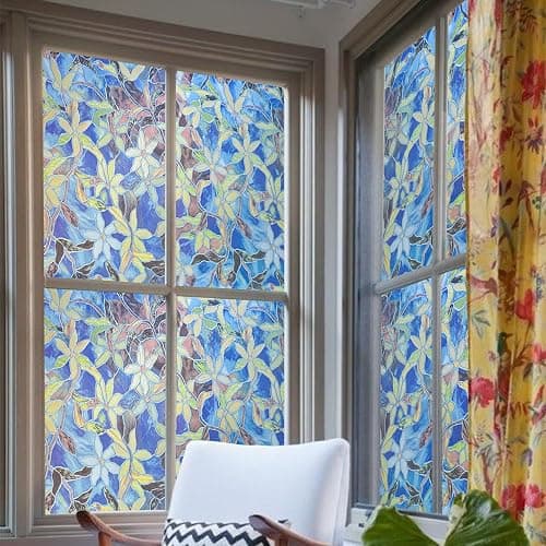 JOLIHOME Gebeizt Glas Fensterfolie Privatsphäre Fenster Aufkleber Blume und Blatt-Muster Dekorativ Mattiert Anti UV Statisch Haftend Vinyl-Folie Rolle für Haus Schlafzimmer Schutz 44.5x200cm thumbnail 3