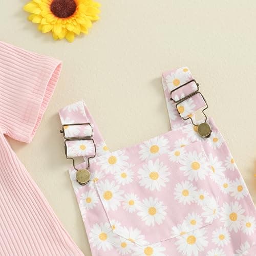 Lucikamy Toddler Baby Girls Summer Outfit Short Sleeve Ribbed Tops + Flower Suspender Overalls Shorts Set Kids Cute Clothes thumbnail 4