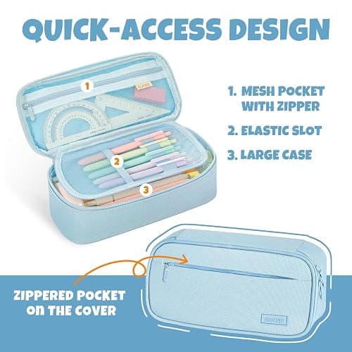 SUNEE Cute Pencil Case, Large Capacity Pencil Pouch, Big Storage Organizer for Stationery, Zipper Pen Bag, Back to School Supplies, Office Organizer Makeup Bag, for Teen Girl Boy Men Women, Blue thumbnail 4