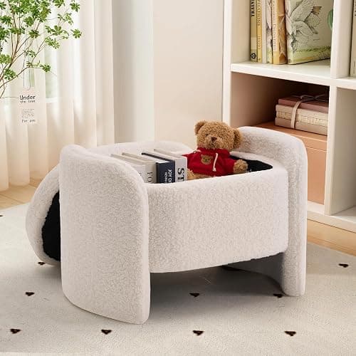 TUOMUR 27 Inch Teddy Fabric Oval Storage Ottoman, Upholstered Foot Stools Ottoman with Storage, Vanity Stool, Modern Multifunctional Chair for Makeup Room, Bedroom, Living Room (Beige) thumbnail 4