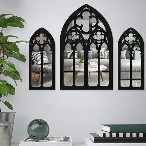 3Pcs Gothic Mirrors Wall Decor, 11.8" Arched Decorative Mirror Wall Mounted Goth Room Decor Vintage Cathedral Window Mirror Indoor Wood Framed Entry Mirror Living Room Bathroom (Model D (3 flowers)) thumbnail 2