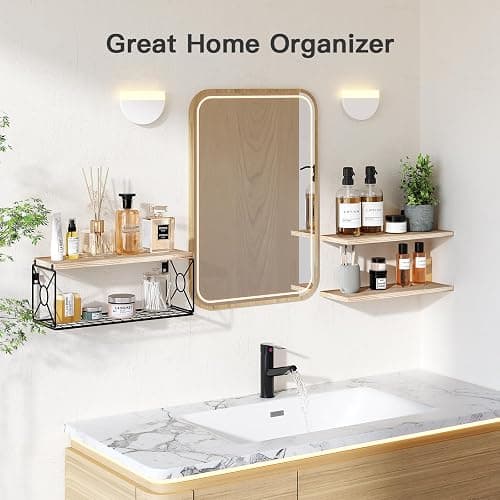 Amada Bathroom Shelves Over Toilet with Storage Basket, Floating Shelves Wall Shelves for Home Organization & Wall Decor, Bathroom/Kitchen/Living Room Shelves–Natural Wood - Natural Wood thumbnail 6