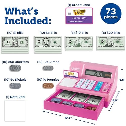 Learning Resources Pretend and Play Calculator Cash Register Pink - Money for Kids, Math Games, Playstore Grocery Store, Fine Motor Skills, Preschool Activities, Toddler Plastic Coins thumbnail 3