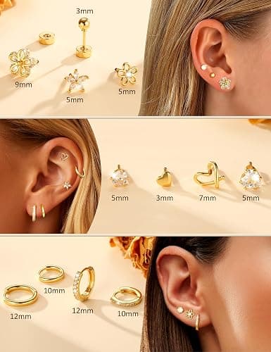 Hypoallergenic Gold Stud Earrings for Women - 14k Gold Plated Surgical Stainless Steel Flat back Earrings Set Small Huggie Hoop Flatback Earring for Sensitive Ears Screw Back Cartilage Piercing Jewelry thumbnail 6