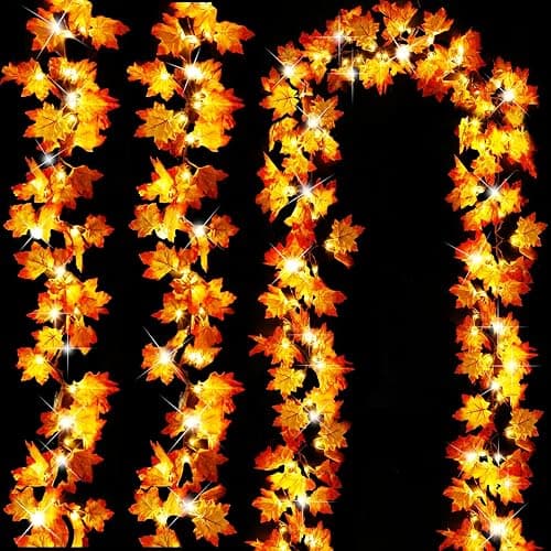 Timer&3 Pack Halloween Fall Decor 30Ft Fall Garland with Lights 60LED | Patented Realistic Maple Leaves Garland Halloween Fall Decorations for Home, Battery Operated Waterproof Thanksgiving Decor - Image 1