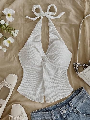 QJQ Women's Halter Tops Twist Front Slit Backless Cute Summer V Neck Tank Top Vacation Outfits 2025 thumbnail 6