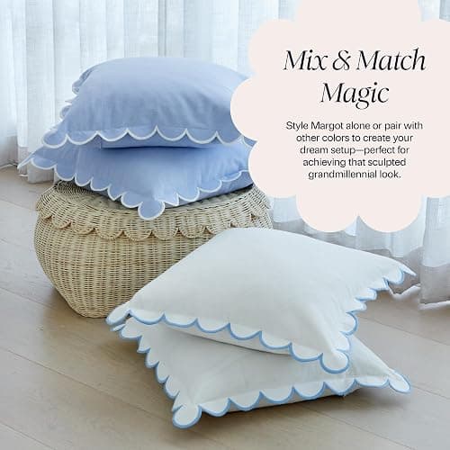 BEBE BASK Scalloped Pillow Cover - Set of 2-18 x 18 Inch - Scallop Pillow Cover – White and Blue Scalloped Pillows - Scallop Pillows - 100% Cotton - Grandmillennial Style (White/Blue) thumbnail 8
