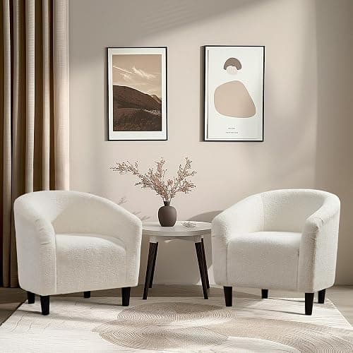 Yaheetech Furry Tub Chair, Fuzzy Accent Armchair Sherpa Fabric Club Chair Boucle Barrel Chair Upholstered for Living Room Dining Room Office Reception Cafe Bar, Ivory, 2pcs thumbnail 4