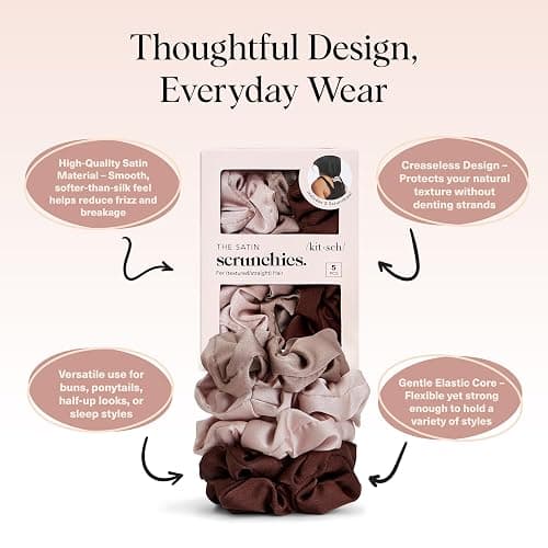 Kitsch Satin Scrunchies for Women - No Crease Hair Ties for Girls | Scrunchies For All Hair Types and Textures, Perfect for Day or Night | Ideal Gifts for Women - 5 Pcs, Cameo thumbnail 4