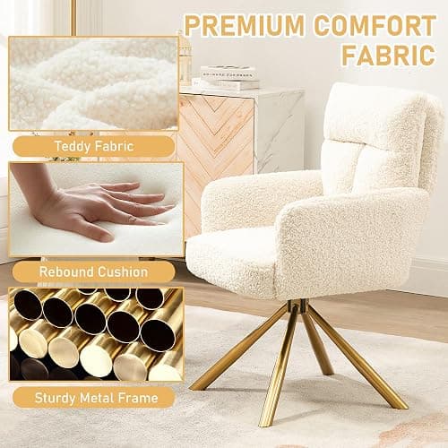 Kiztir Vanity Chair No Wheels Upholstered Teddy Vanity Chair with Back Gold Metal Criss Cross Home Office Desk Chair Boucle Accent Chair Modern Reading Chair Armchair for Living Room, Bedroom (Beige) thumbnail 3