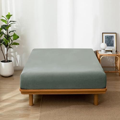 MooMee Fitted Bottom Sheet Only 100% Washed Cotton Linen Like Textured Breathable Durable Soft Comfy Deep Pocket Fits Mattress up to 17" (Heathered Green, King) thumbnail 2