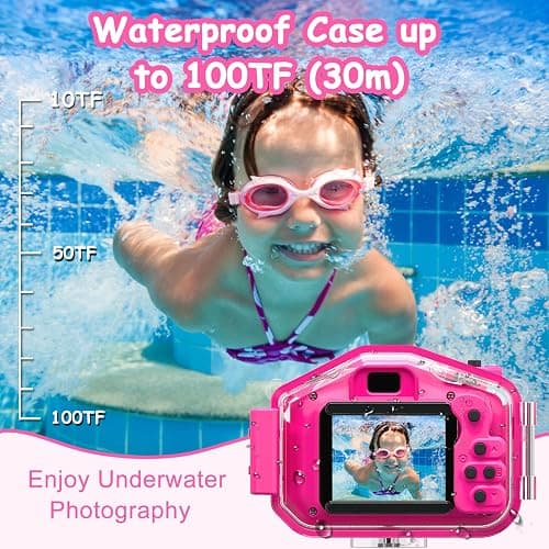 Agoigo Kids Waterproof Camera - Children Underwater HD Video Digital Camcorder, Portable Travel Toy for Toddler - Ideal Christmas Birthday Gifts for Boys Girls Age 3-12 with 32GB Card (Rose Red) thumbnail 4